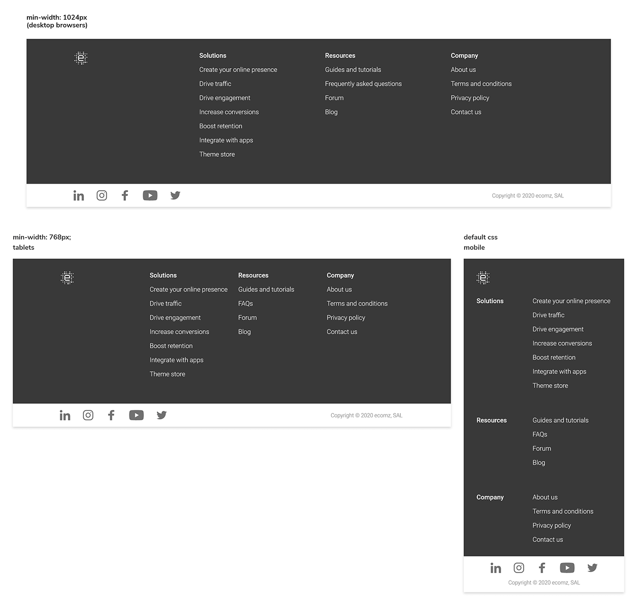 Footer Image showcasing the design for the footer in it's various responsive states from desktop to mobile